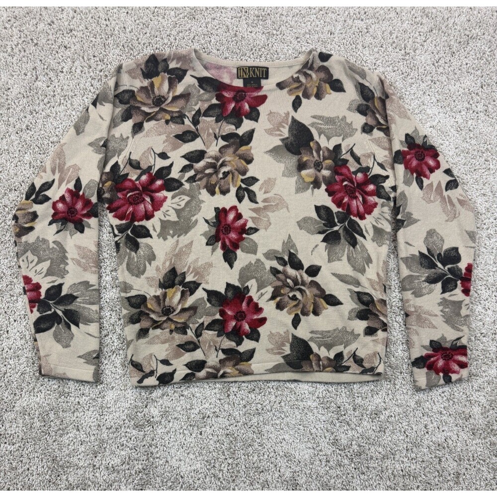 Vintage IN-KNIT Womens Medium Floral Sweater Beige Red 100% Acrylic 90s Pullover